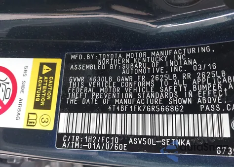 2016 Toyota Camry Le z USA, uszkodzony, nr VIN 4T4BF1FK7GR566862